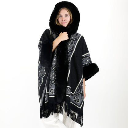 PATTERN FAUX FUR FRINGED HOODIE SHAWL P4033 (6PC)