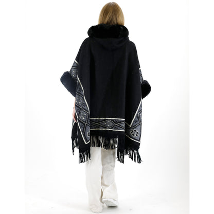 PATTERN FAUX FUR FRINGED HOODIE SHAWL P4033 (6PC)