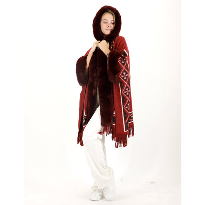 PATTERN FAUX FUR FRINGED HOODIE SHAWL P4033 (6PC)