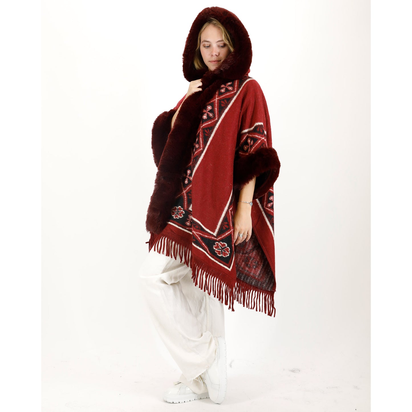 PATTERN FAUX FUR FRINGED HOODIE SHAWL P4033 (6PC)