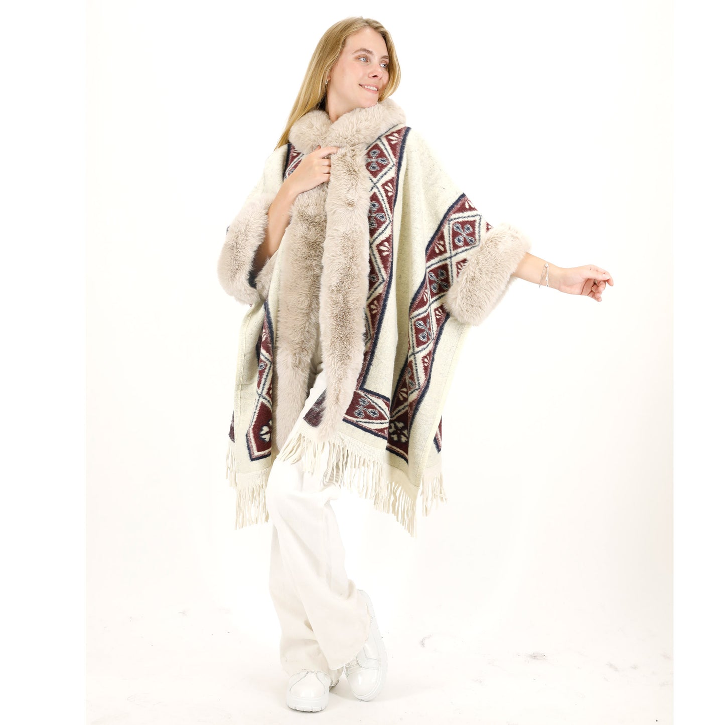 PATTERN FAUX FUR FRINGED HOODIE SHAWL P4033 (6PC)