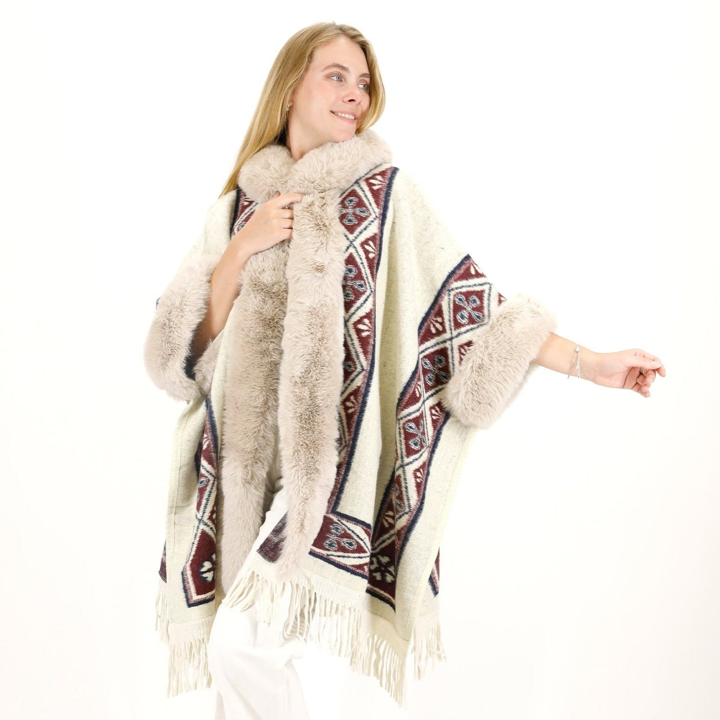 PATTERN FAUX FUR FRINGED HOODIE SHAWL P4033 (6PC)