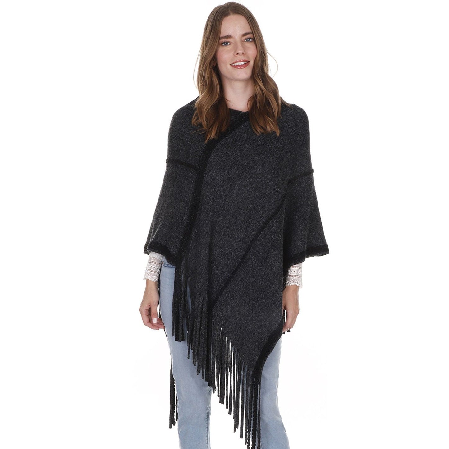 SIMPLE KNIT FRINGED PONCHO PC216 (3PC)