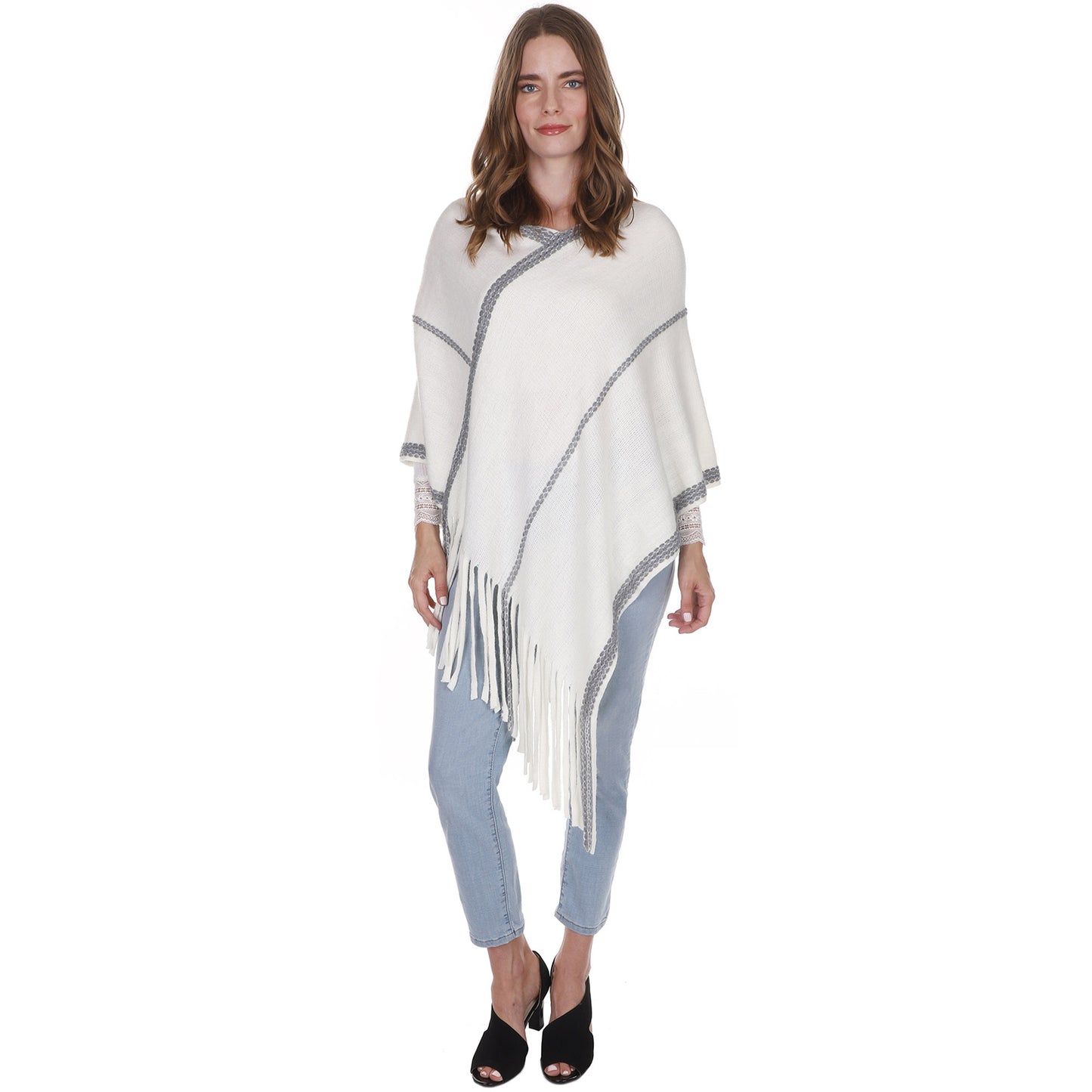 SIMPLE KNIT FRINGED PONCHO PC216(3PC)