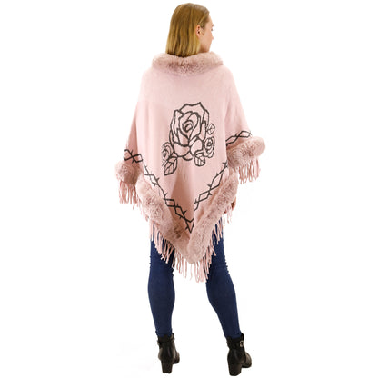 ROSE PATTERN FUR FRINGED PONCHO P196 (12PC)