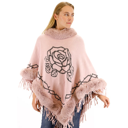 ROSE PATTERN FUR FRINGED PONCHO P196 (12PC)