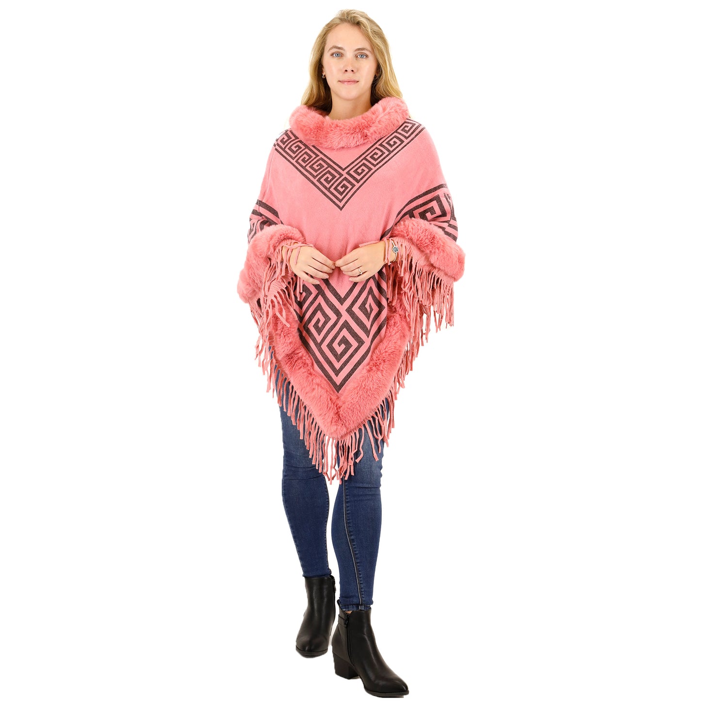 MONOGRAM PATTERN FUR FRINGED PONCHO P195(12PC)