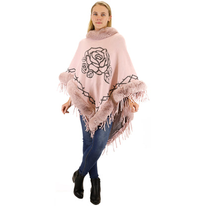 ROSE PATTERN FUR FRINGED PONCHO P196 (12PC)