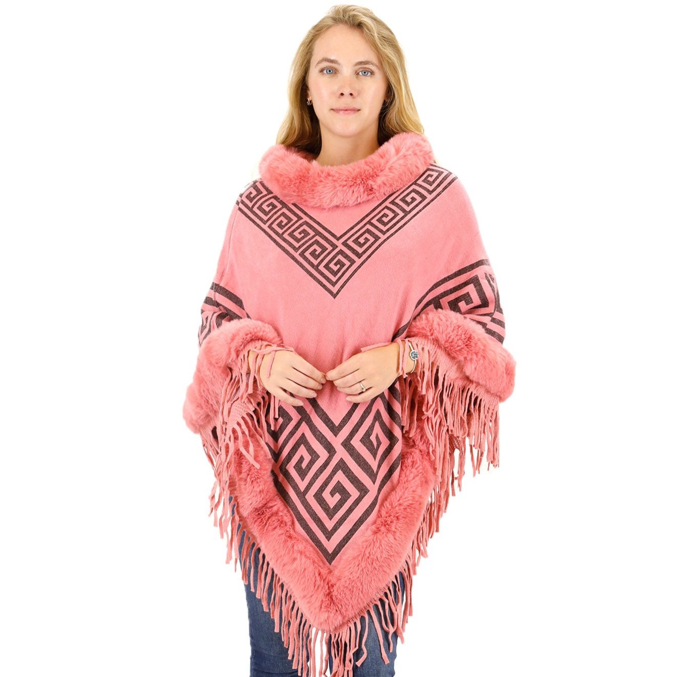 MONOGRAM PATTERN FUR FRINGED PONCHO P195(12PC)