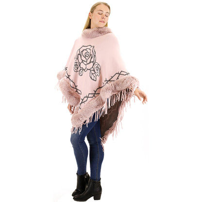 ROSE PATTERN FUR FRINGED PONCHO P196 (12PC)