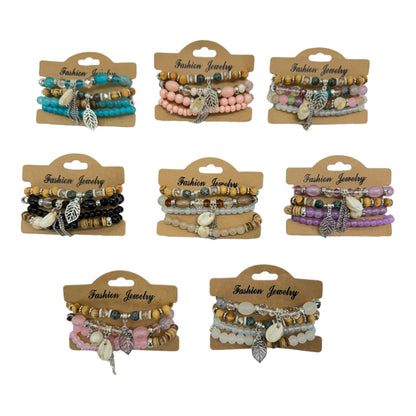 NATURAL STONE LEAF SHELL CHARM BRACELET SET 4228-4 (12PC)