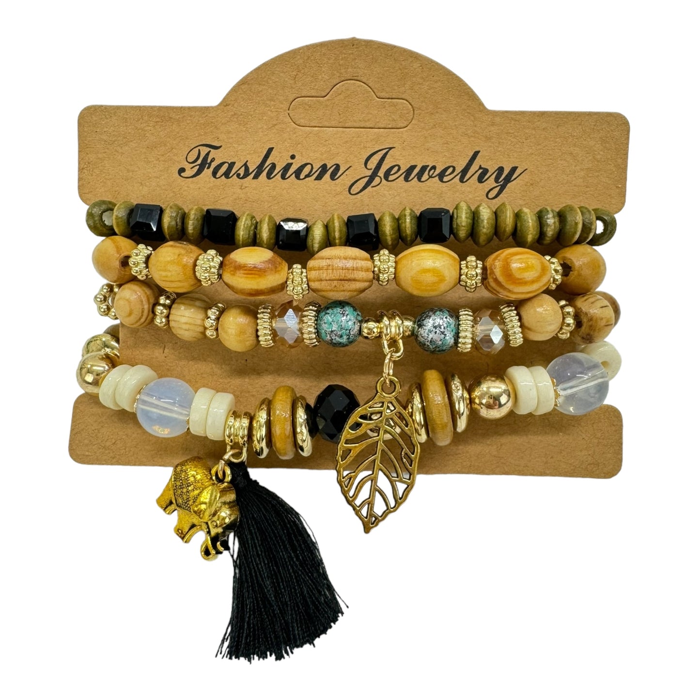 NATURAL STONE LEAF ELEPHANT CHARM BRACELET SET 4228-6 (12PC)