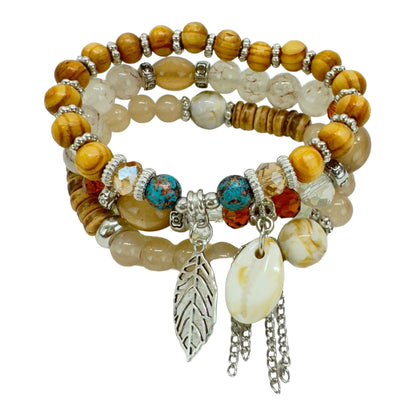 NATURAL STONE LEAF SHELL CHARM BRACELET SET 4228-4 (12PC)