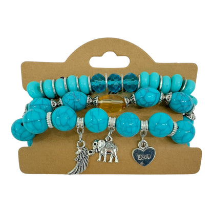 NATURAL STONE ELEPHANT CHARM BRACELET SET 4228-17 (12PC)