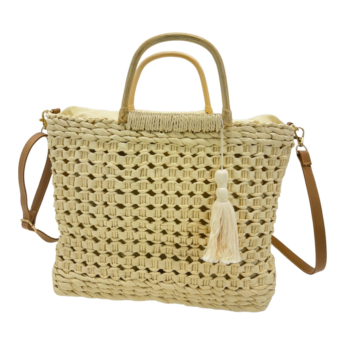 RATTAN BEACH TOTE SHOULDER BAG WITH TASSEL 4225-2 (6PC)