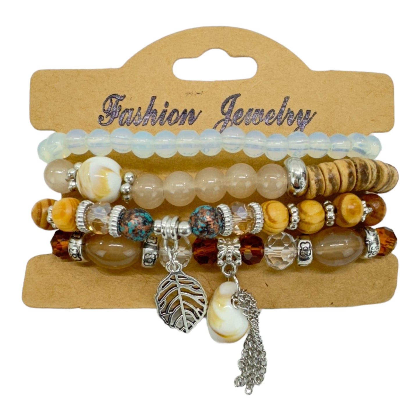 NATURAL STONE LEAF SHELL CHARM BRACELET SET 4228-4 (12PC)