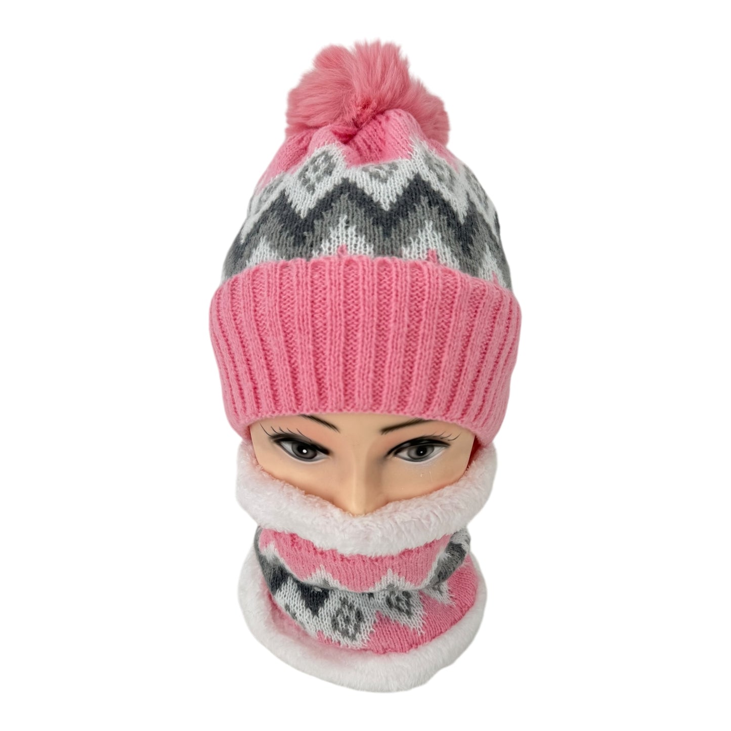 POM POM KNITTED BEANIE WITH NECK WARMER JH4730-5(12SET)