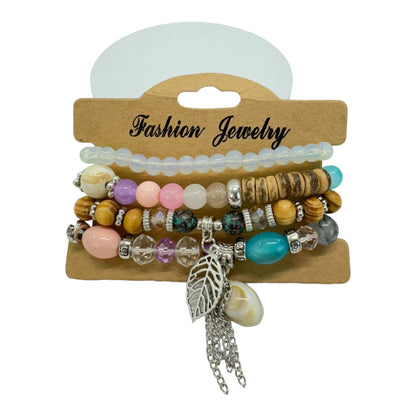 NATURAL STONE LEAF SHELL CHARM BRACELET SET 4228-4 (12PC)