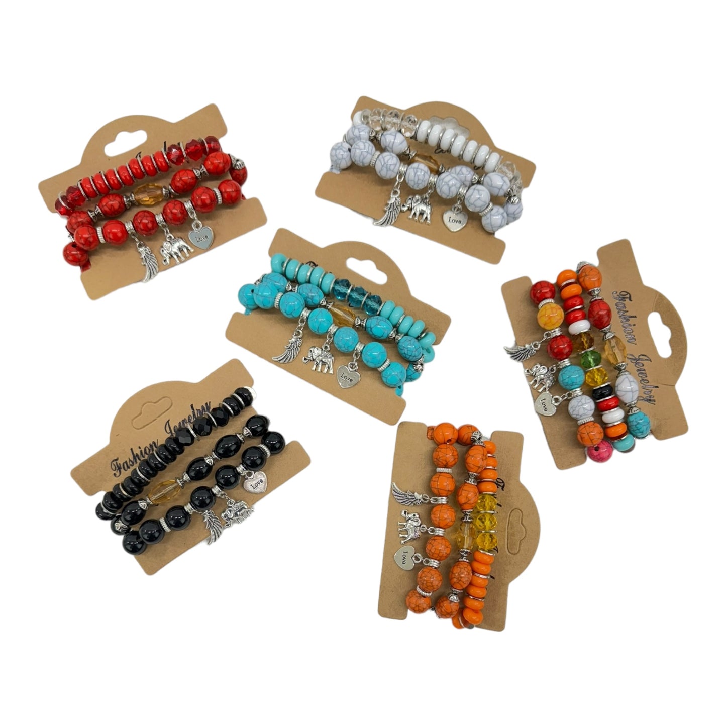 NATURAL STONE ELEPHANT CHARM BRACELET SET 4228-17 (12PC)