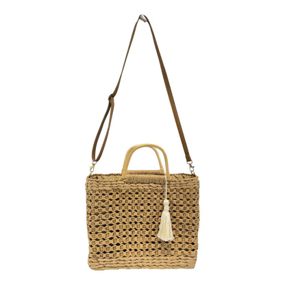 RATTAN BEACH TOTE SHOULDER BAG WITH TASSEL 4225-2 (6PC)