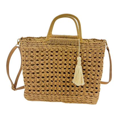 RATTAN BEACH TOTE SHOULDER BAG WITH TASSEL 4225-2 (6PC)