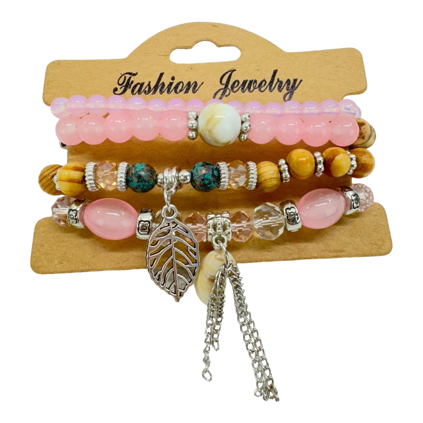 NATURAL STONE LEAF SHELL CHARM BRACELET SET 4228-4 (12PC)