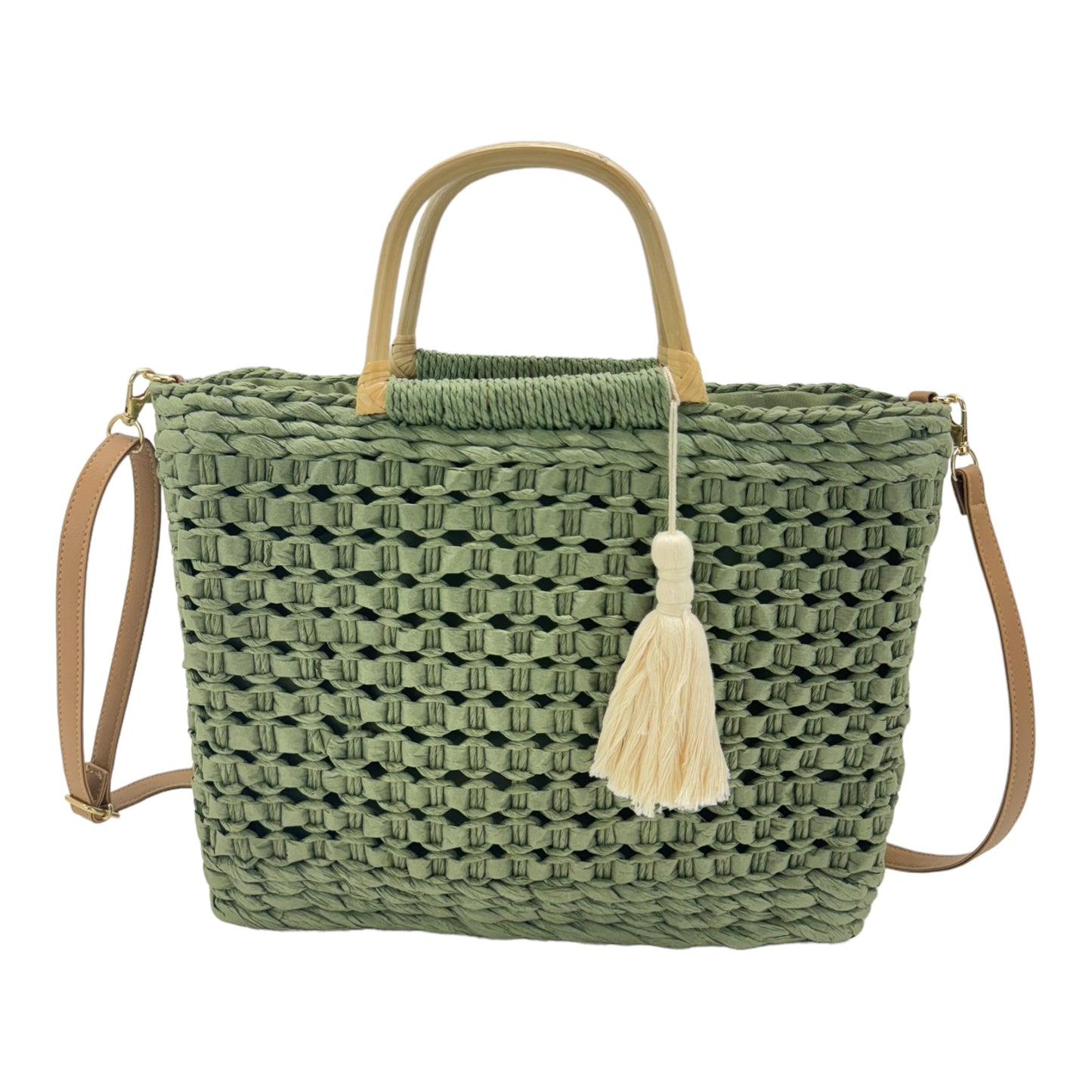 RATTAN BEACH TOTE SHOULDER BAG WITH TASSEL 4225-2 (6PC)