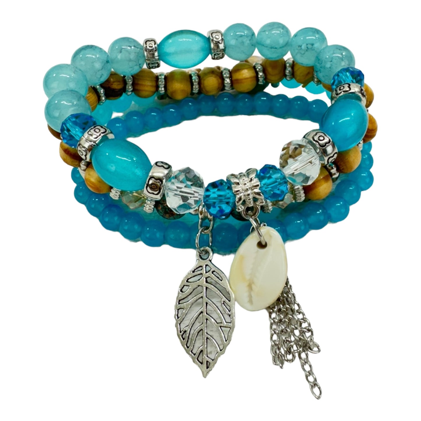 NATURAL STONE LEAF SHELL CHARM BRACELET SET 4228-4 (12PC)