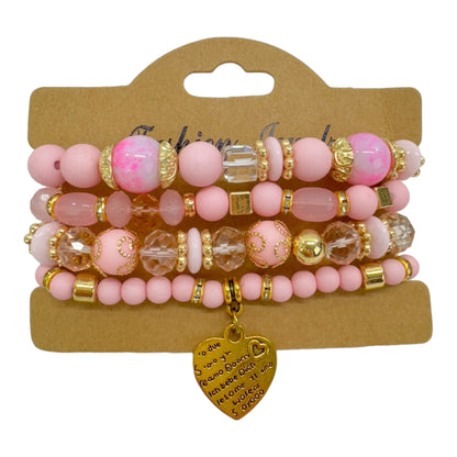 NATURAL STONE HEART LOVE LETTER CHARM BRACELET SET 4228-5 (12PC)