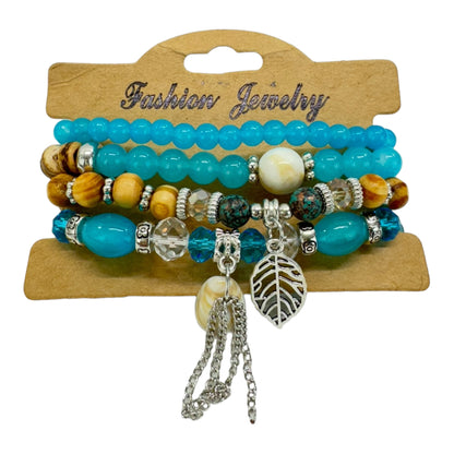 NATURAL STONE LEAF SHELL CHARM BRACELET SET 4228-4 (12PC)