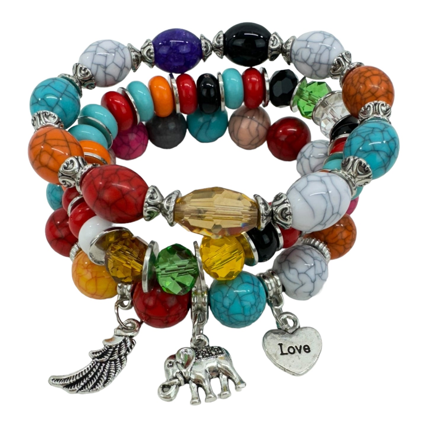 NATURAL STONE ELEPHANT CHARM BRACELET SET 4228-17 (12PC)