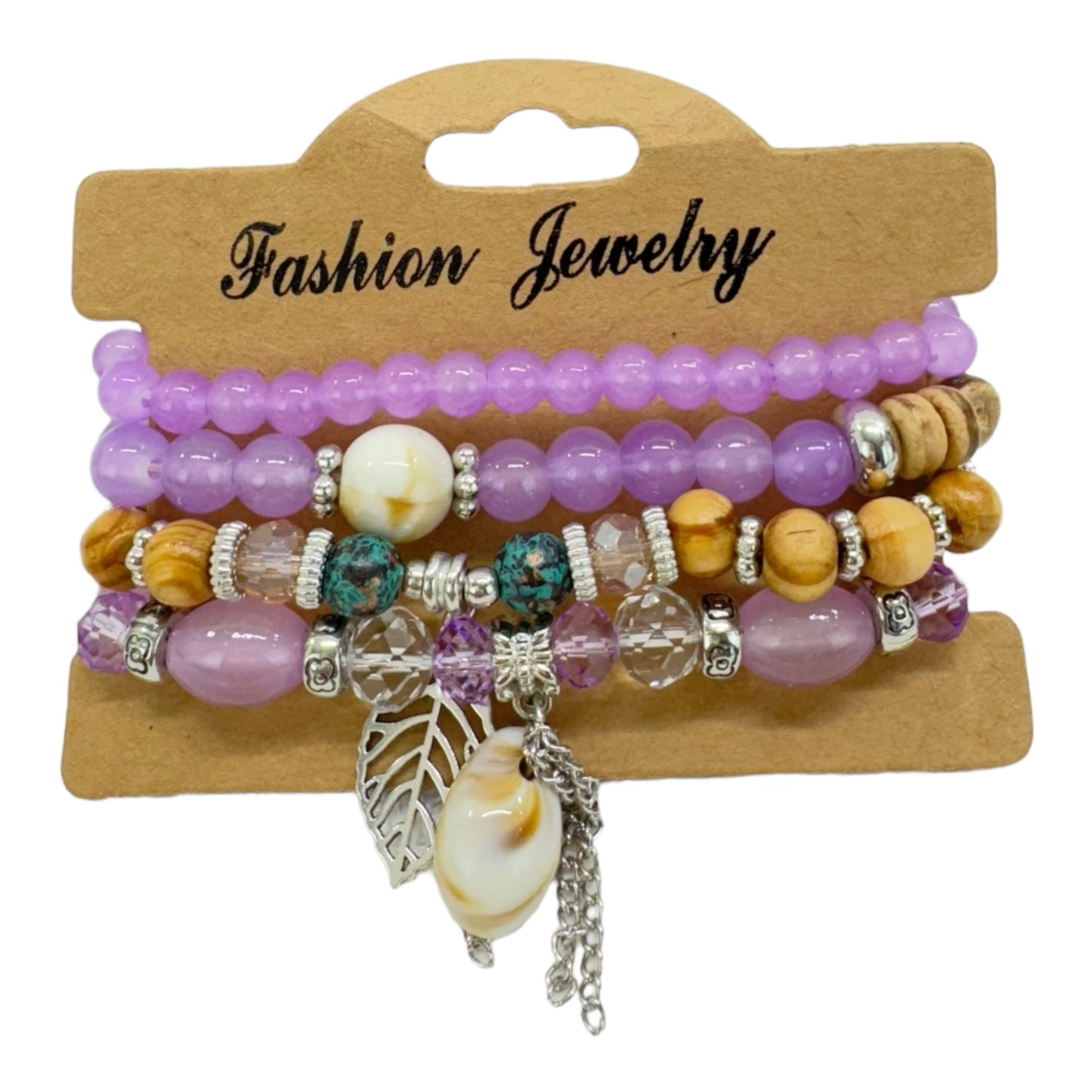 NATURAL STONE LEAF SHELL CHARM BRACELET SET 4228-4 (12PC)