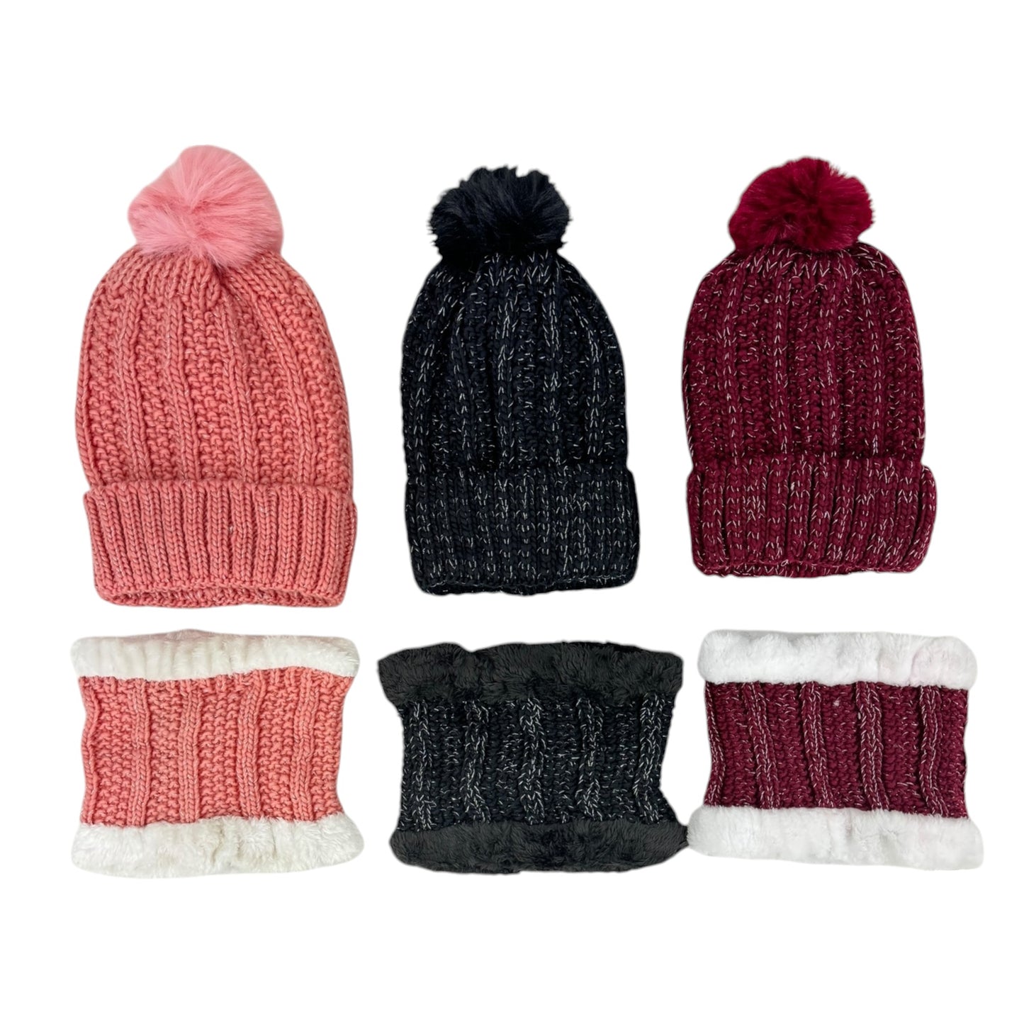 POM POM KNITTED BEANIE WITH NECK WARMER JH4730-4(12SET)