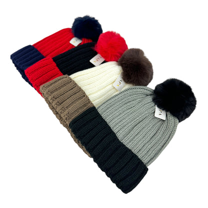 POM POM TWO TONE COLOR KNITTED BEANIE SS4725-45 (12PC)