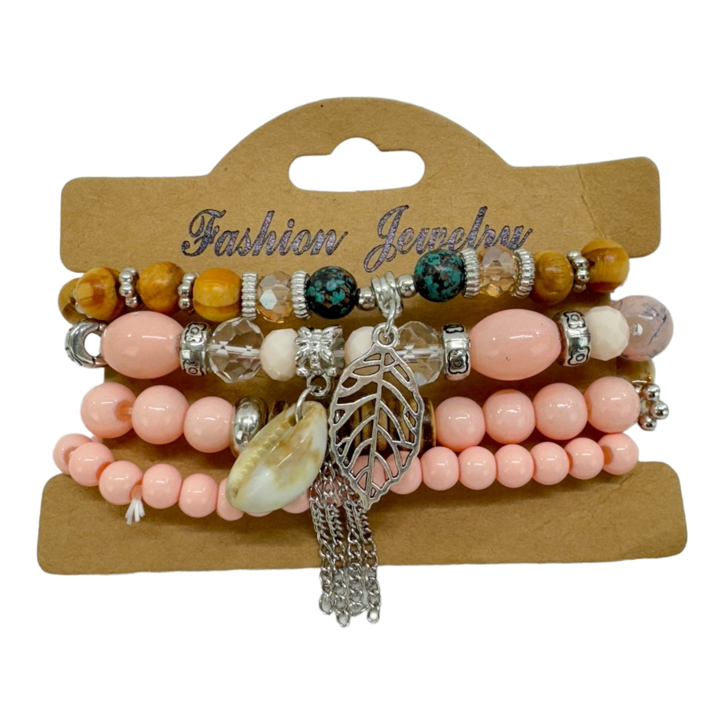 NATURAL STONE LEAF SHELL CHARM BRACELET SET 4228-4 (12PC)