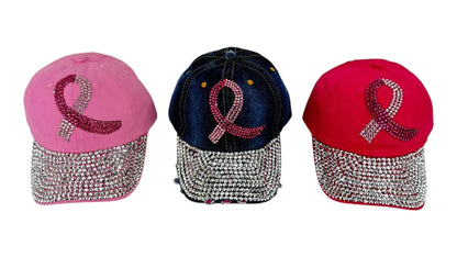 PINK RIBBON CRYSTAL BLING BASEBALL CAP  HA3801-1 (12PC)