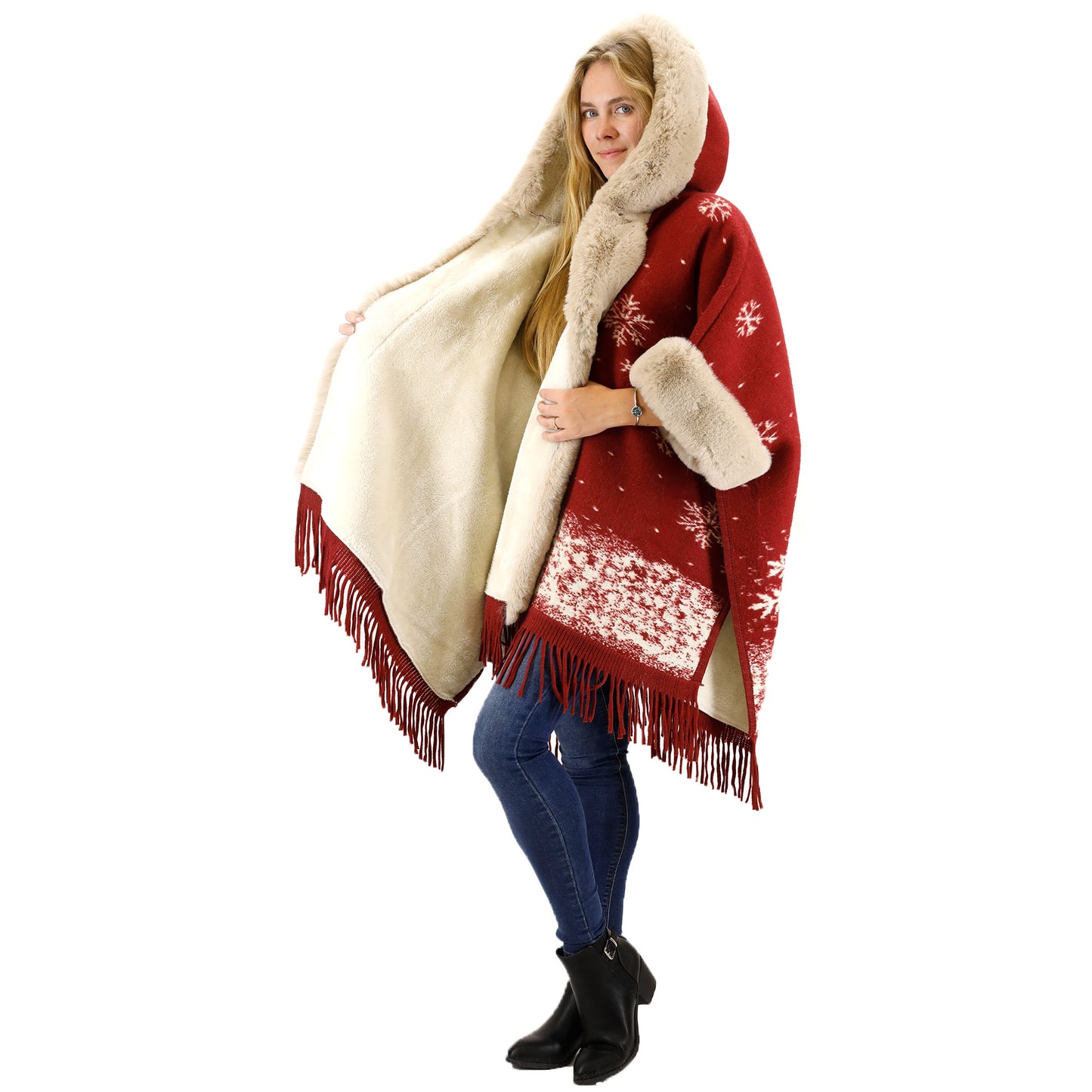 FAUX FUR SNOW PATTERN HOODIE SHAWL P3804(3PC)