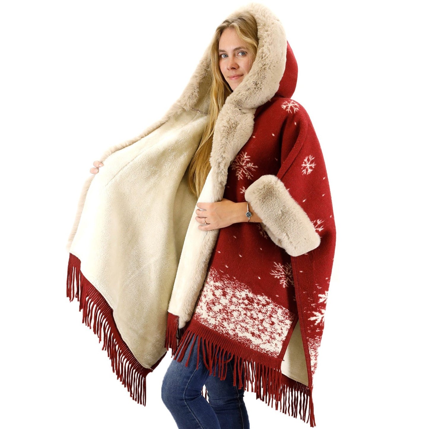 FAUX FUR SNOW PATTERN HOODIE SHAWL P3804 (3PC)