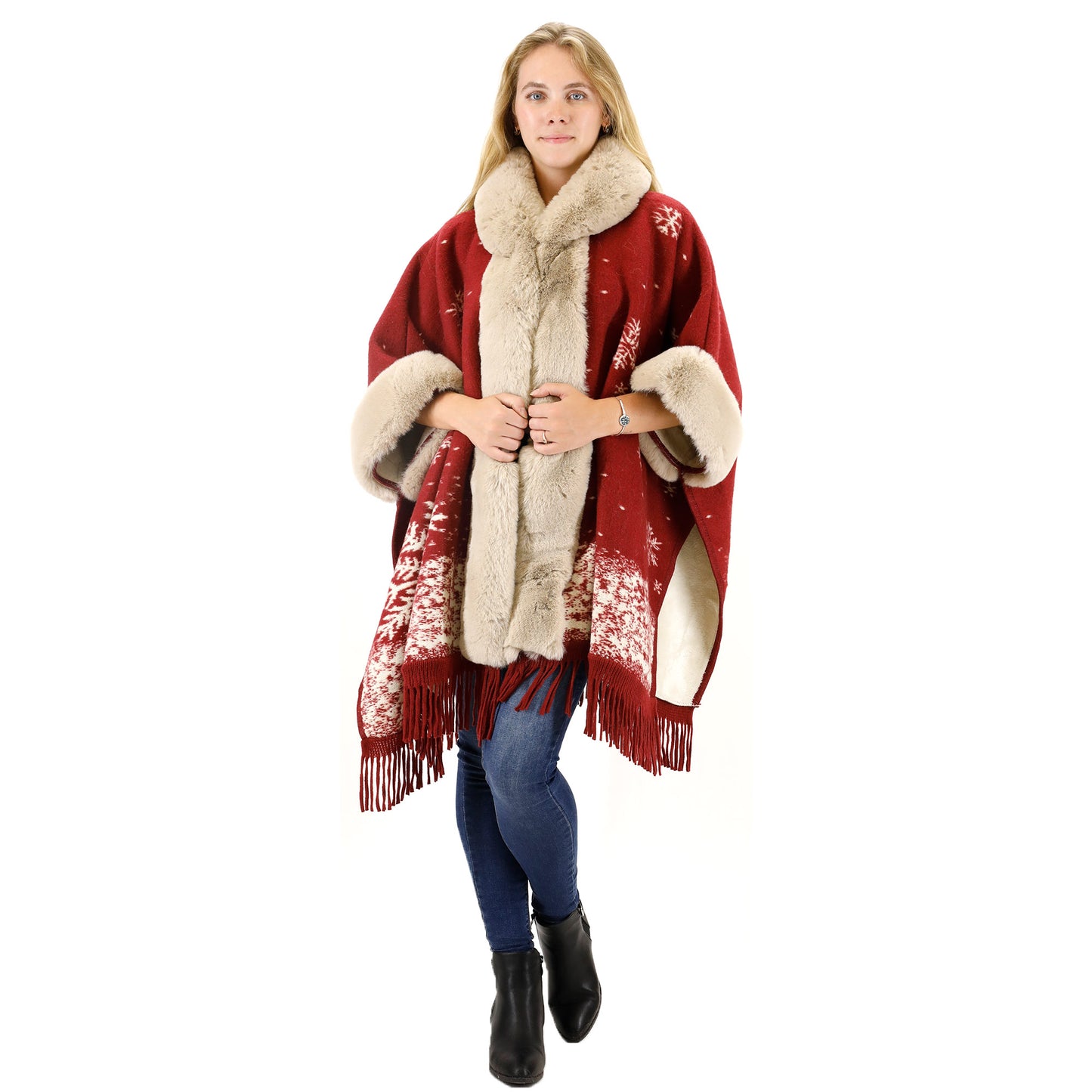 FAUX FUR SNOW PATTERN HOODIE SHAWL P3804(3PC)