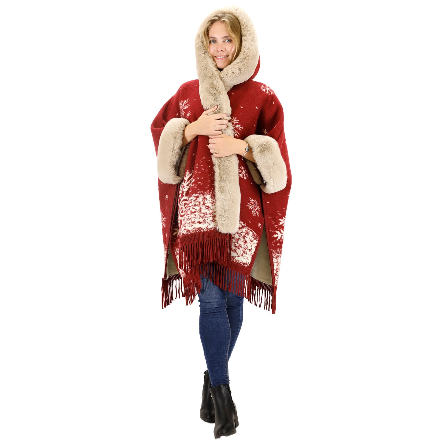 FAUX FUR SNOW PATTERN HOODIE SHAWL P3804(3PC)