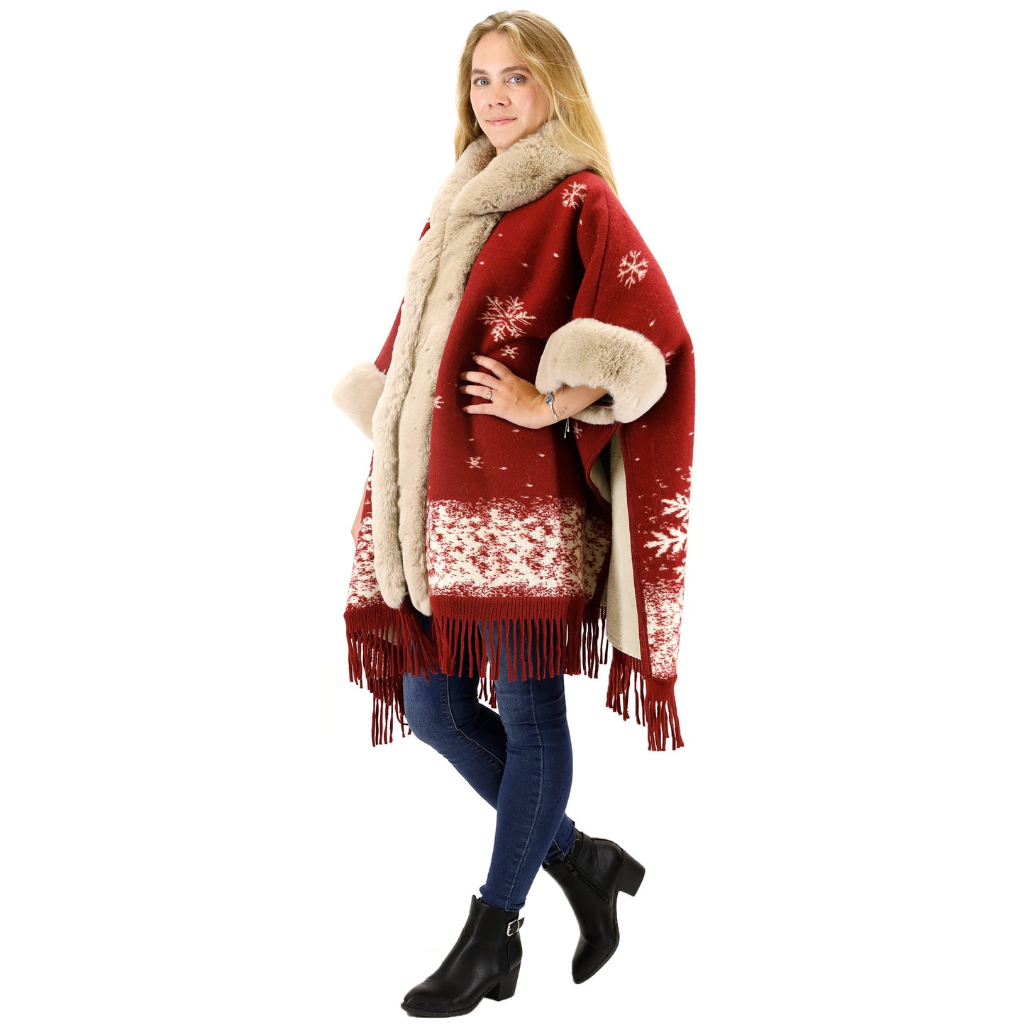 FAUX FUR SNOW PATTERN HOODIE SHAWL P3804(3PC)