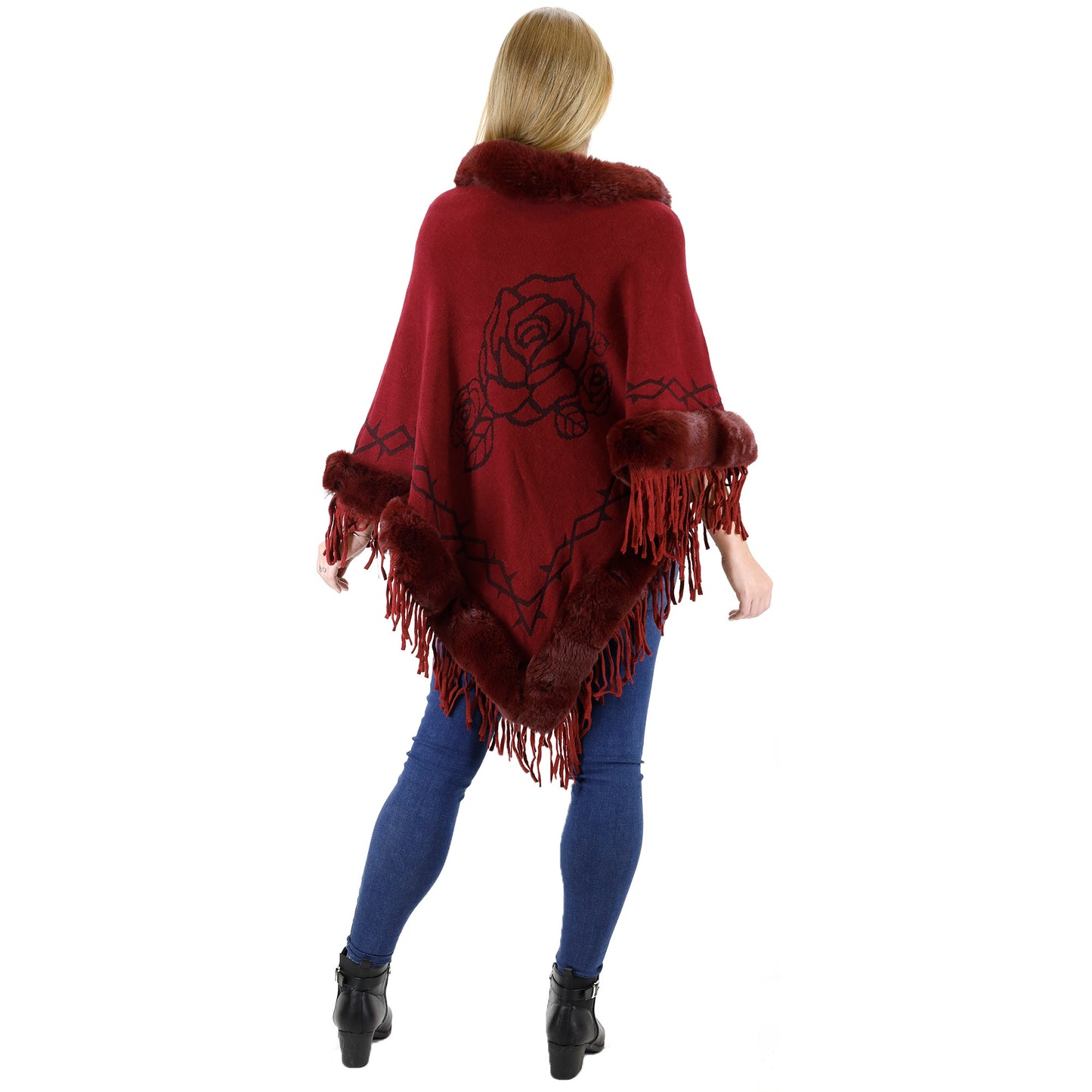 ROSE PATTERN FUR FRINGED PONCHO P196 (12PC)