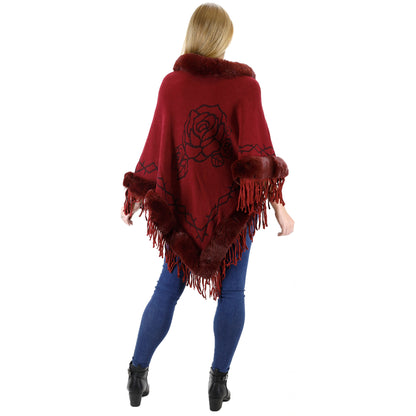 ROSE PATTERN FUR FRINGED PONCHO P196 (12PC)