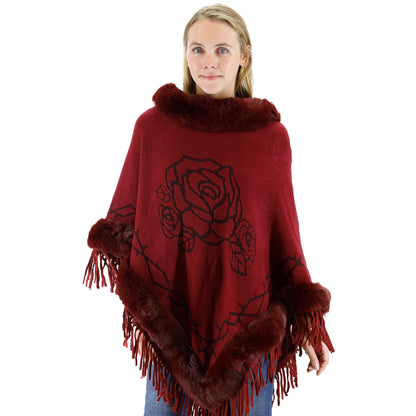 ROSE PATTERN FUR FRINGED PONCHO P196 (12PC)