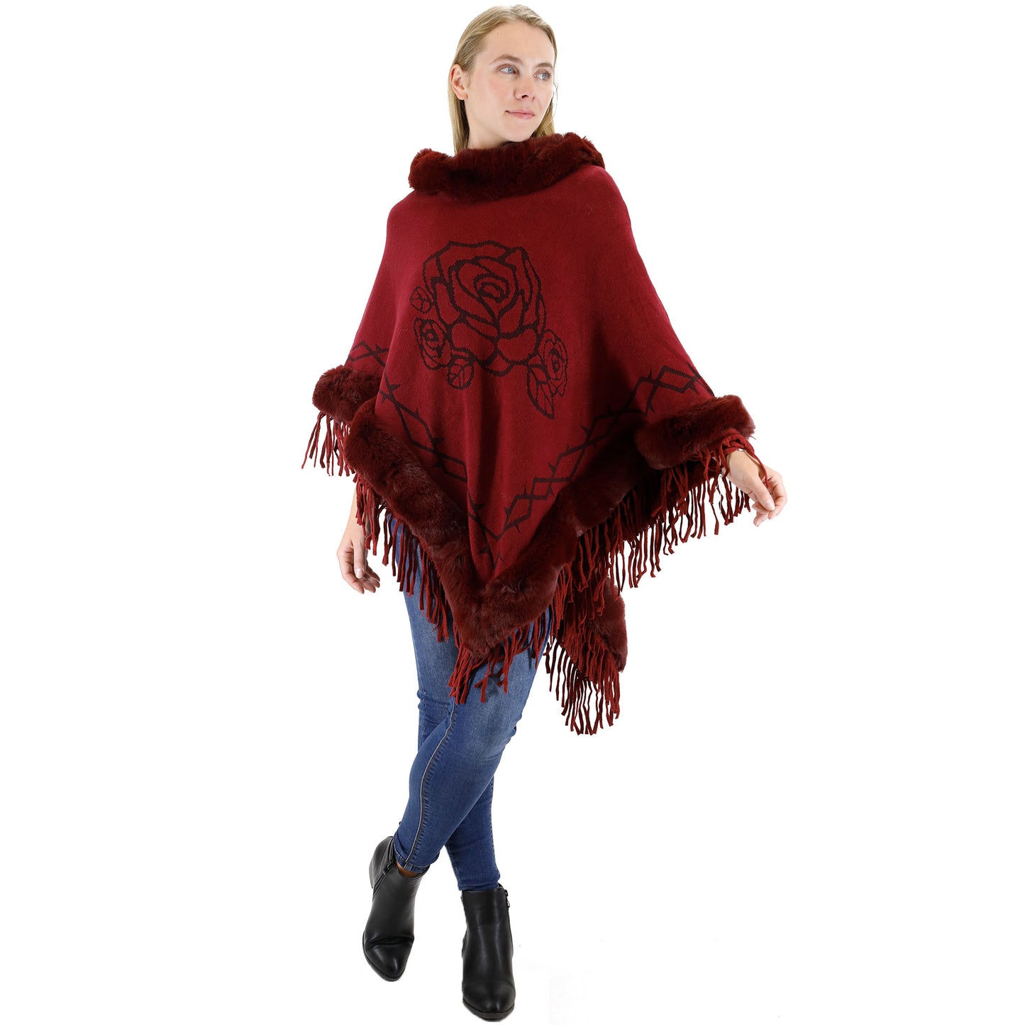 ROSE PATTERN FUR FRINGED PONCHO P196 (12PC)