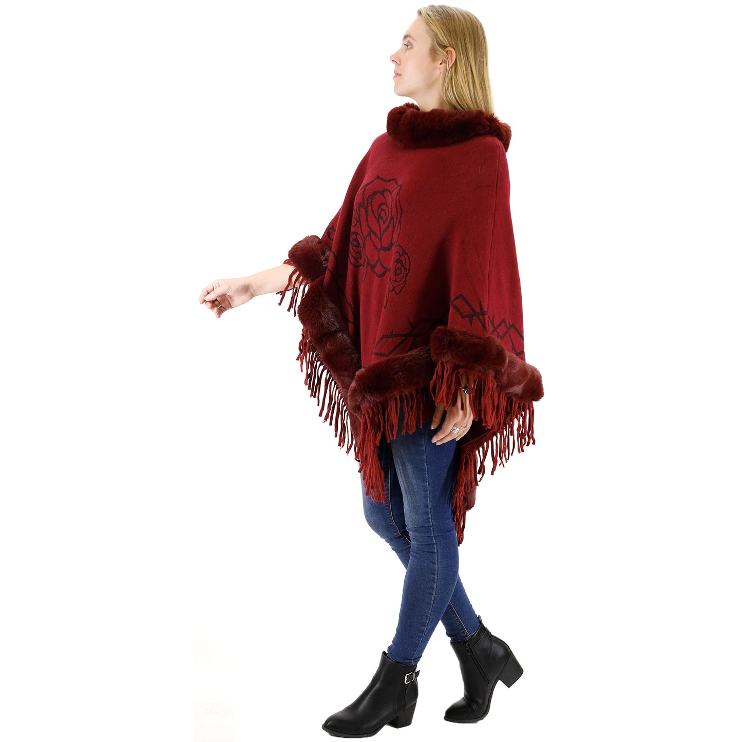 ROSE PATTERN FUR FRINGED PONCHO P196 (12PC)