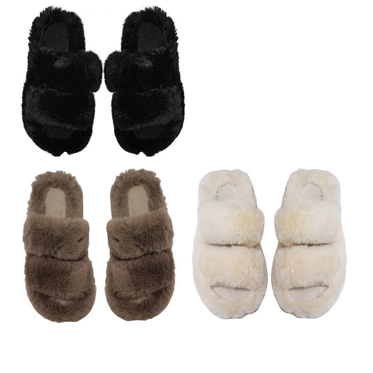 POM POM FLUFFY DOUBLE BAND SLIDE SLIPPERS 3429-60 (12PC)