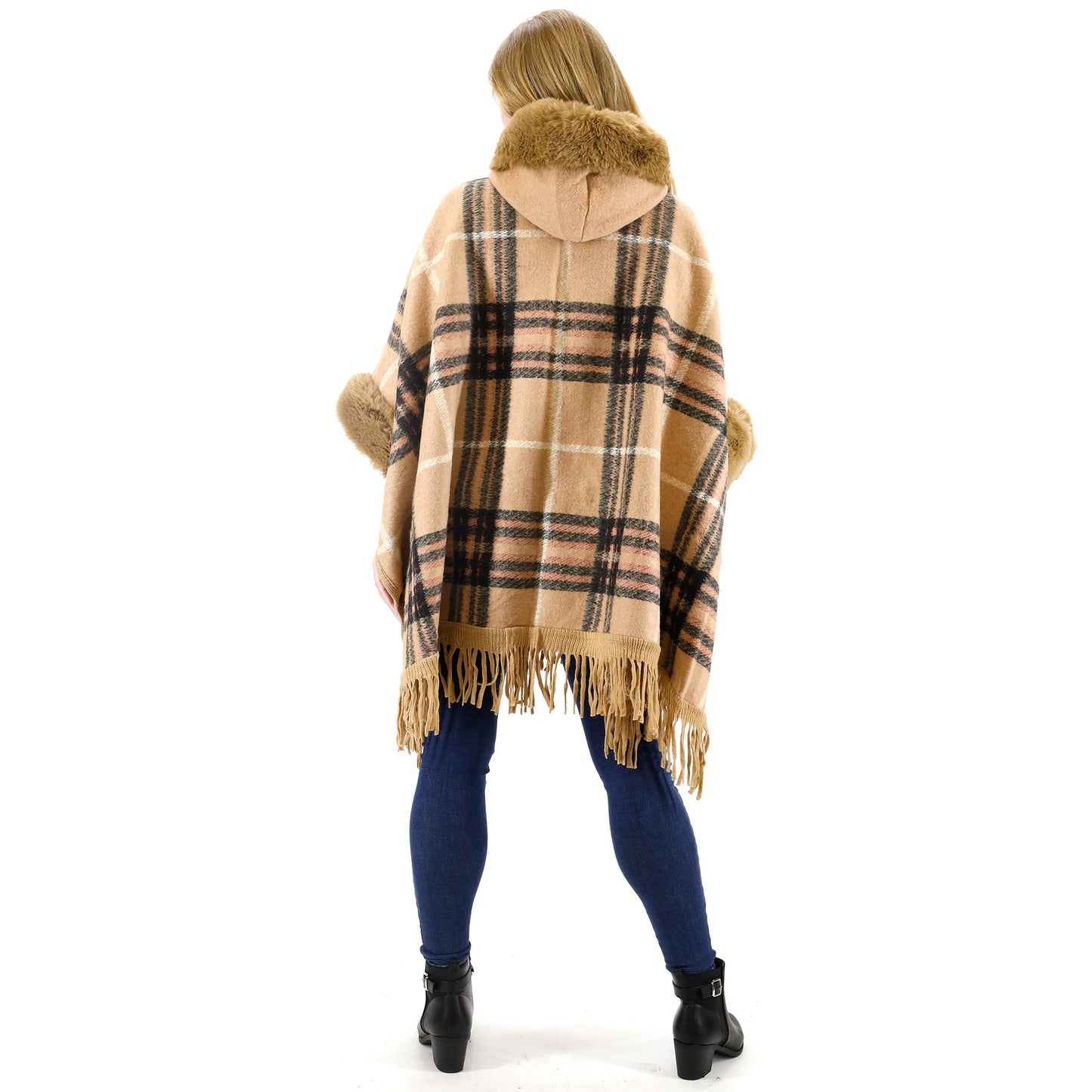 FAUX FUR PLAID PATTERN HOODIE SHAWL P3805