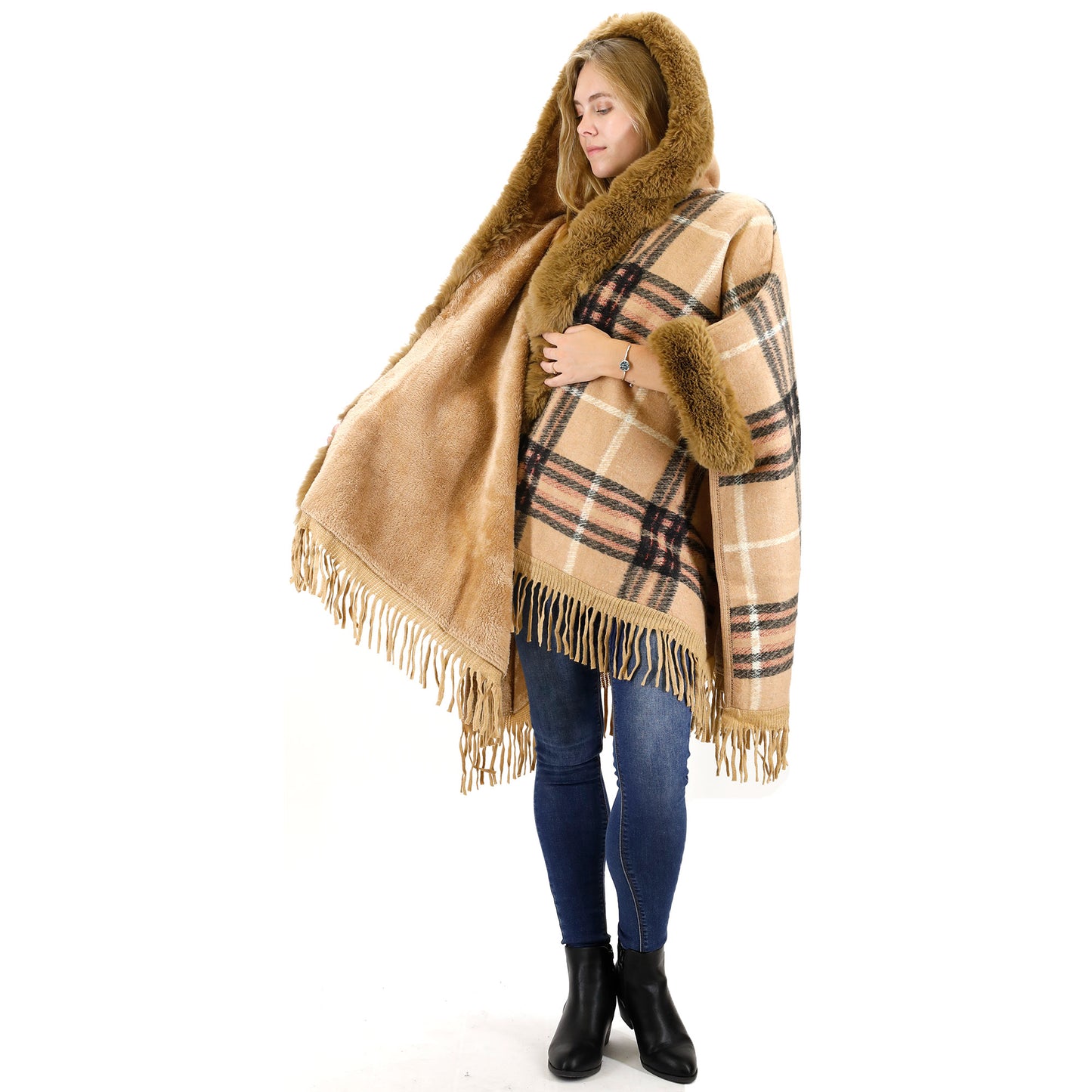 FAUX FUR PLAID PATTERN HOODIE SHAWL P3805