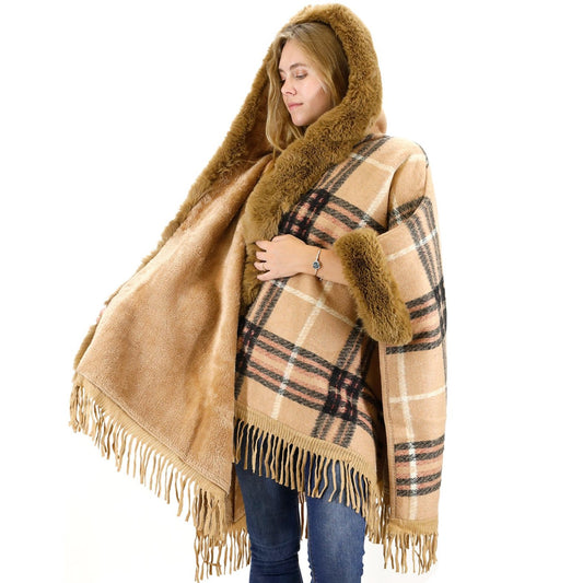 FAUX FUR PLAID PATTERN HOODIE SHAWL P3805 (3PC)